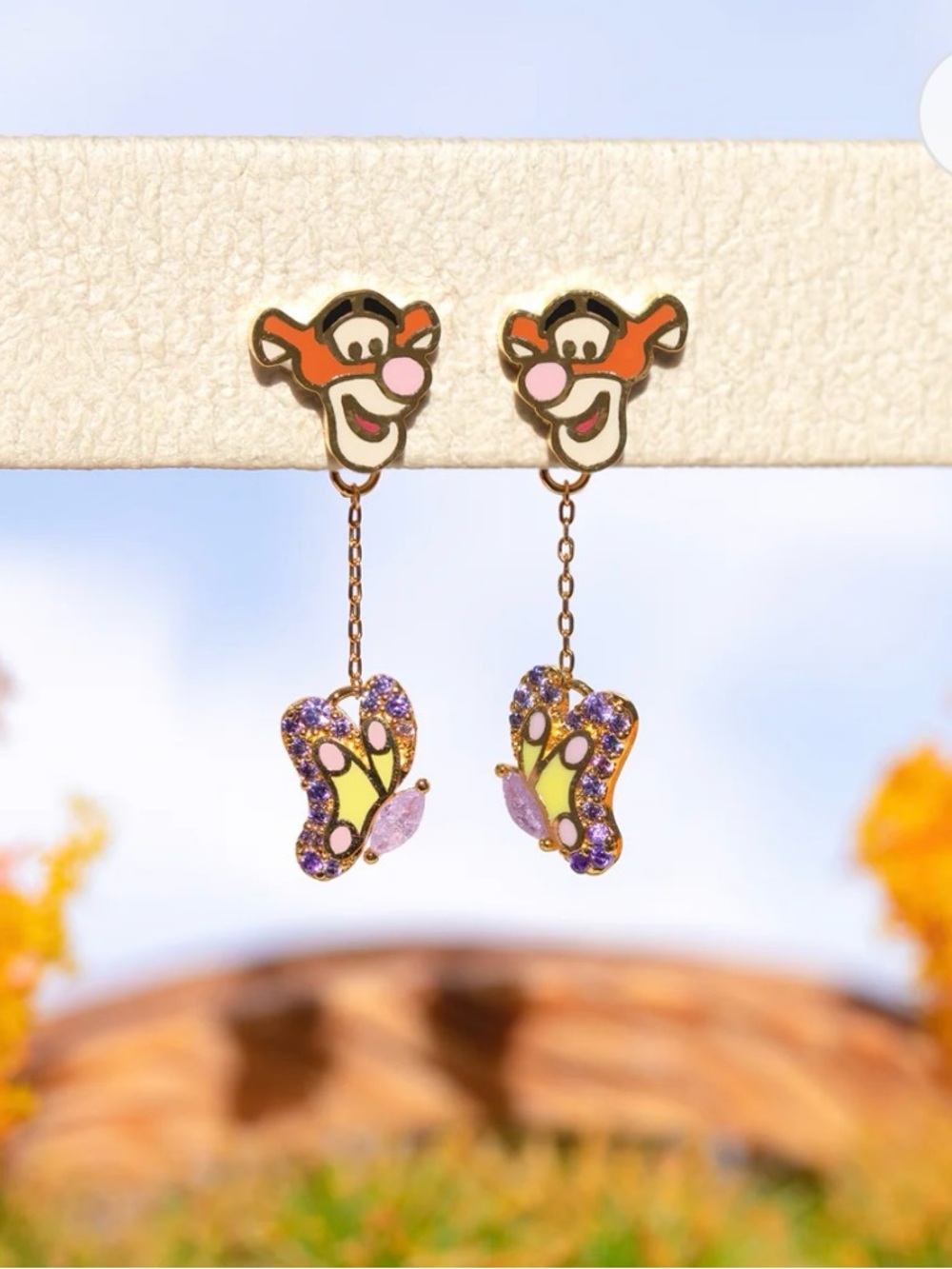Cute Tigger & Butterfly Drop Earrings - Pink, Orange, Yellow
